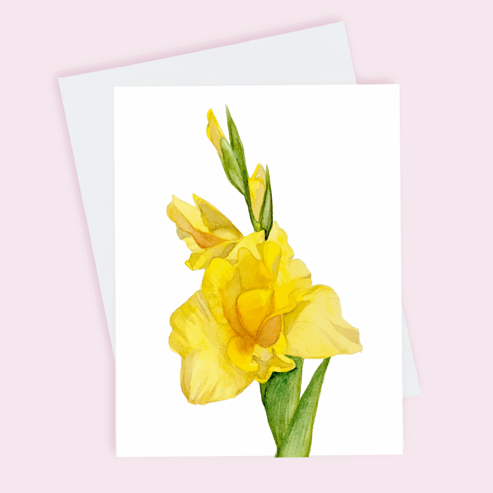 A greeting card depicting a single yellow gladiolus done in watercolor.