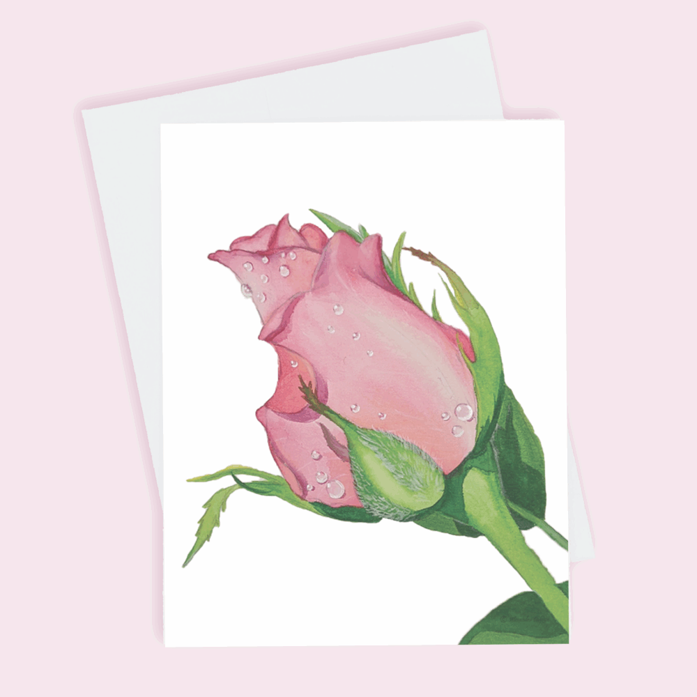A greeting card depicting a pink rose done in watercolor.
